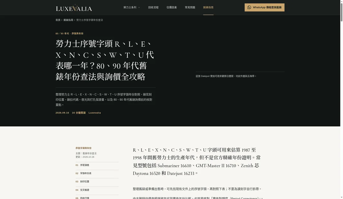 Luxevalia 勞力士字頭年份指南文章截圖，對照 R L E X N C S W T U 等字頭